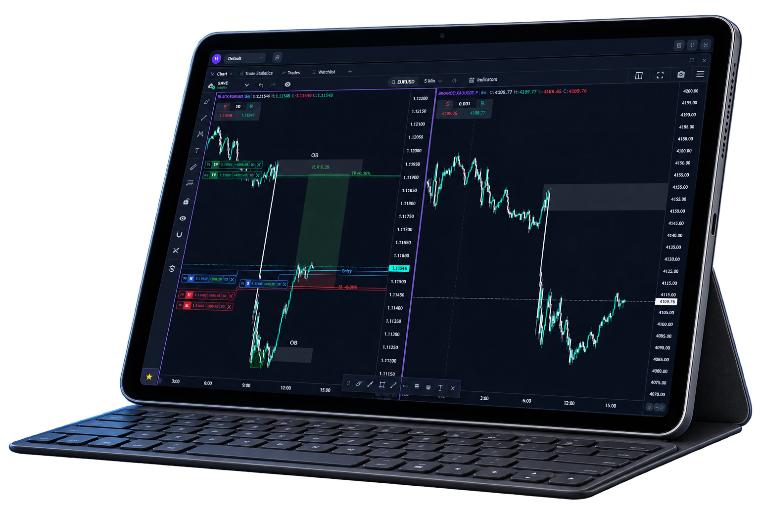 Tablet con teclado y la interfaz de gráficos de Astra Trade