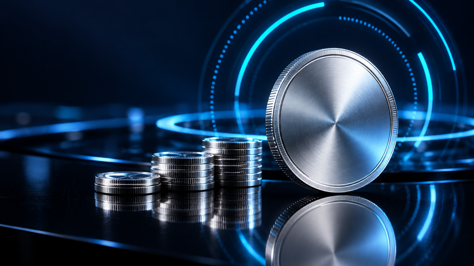 Monedas de plata con iluminación azul como concepto de la cuenta Cent
