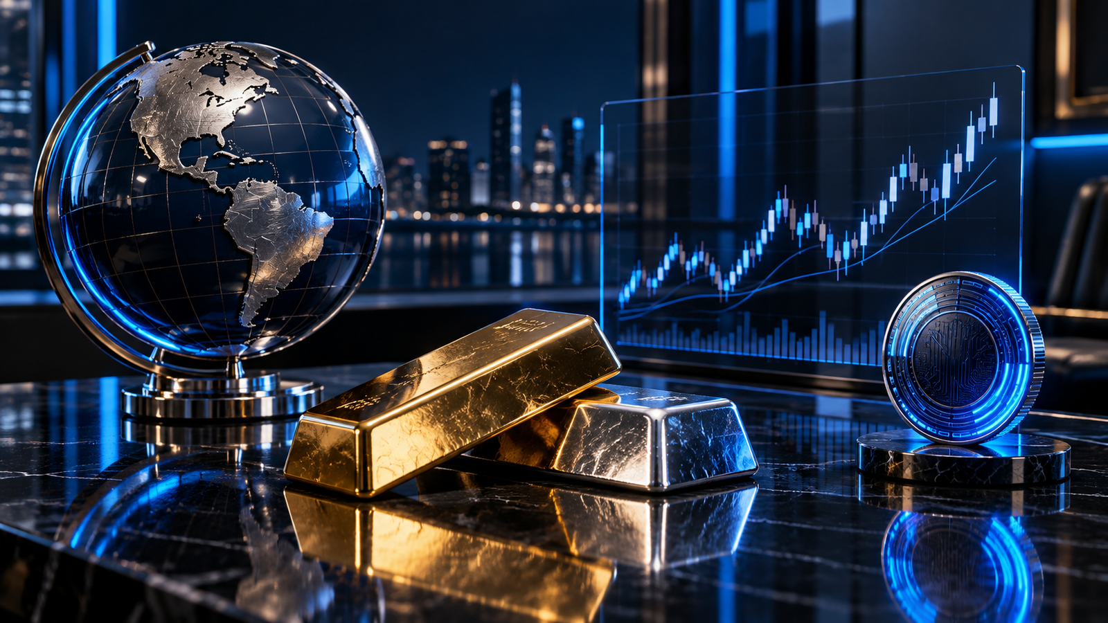 Composición conceptual de divisas, metales y mercados financieros