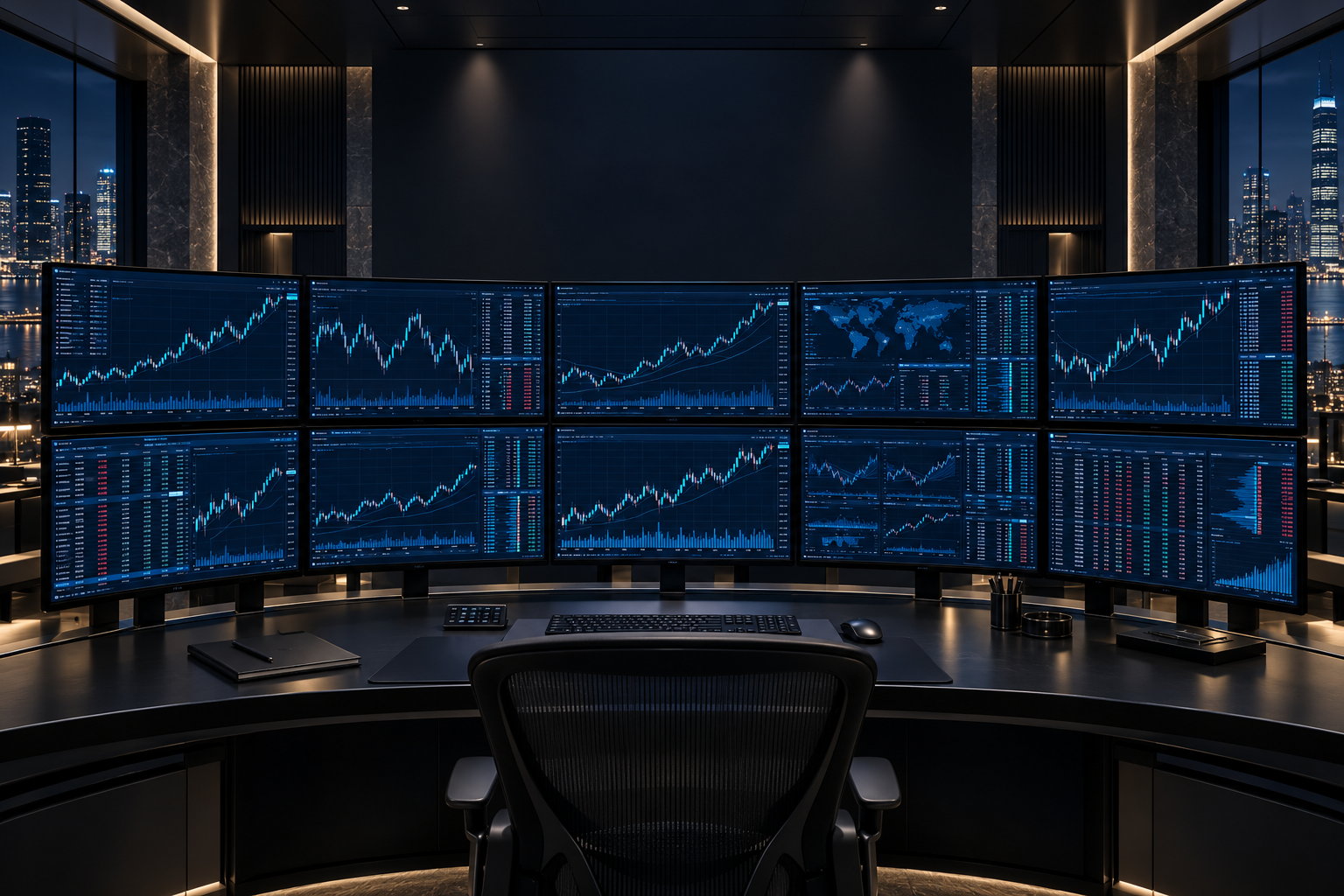 Sala de trading con múltiples pantallas y gráficos financieros azules